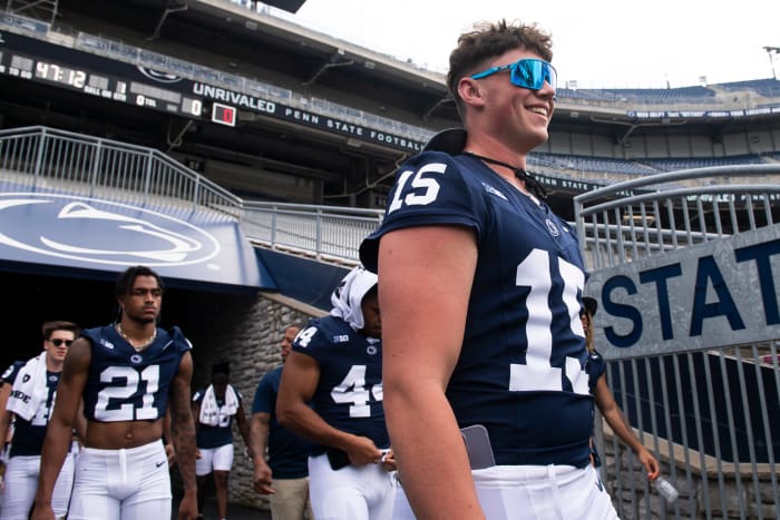 Penn State quarterback Drew Allar enters Beaver Stadium for the Nittany Lions' football media day.